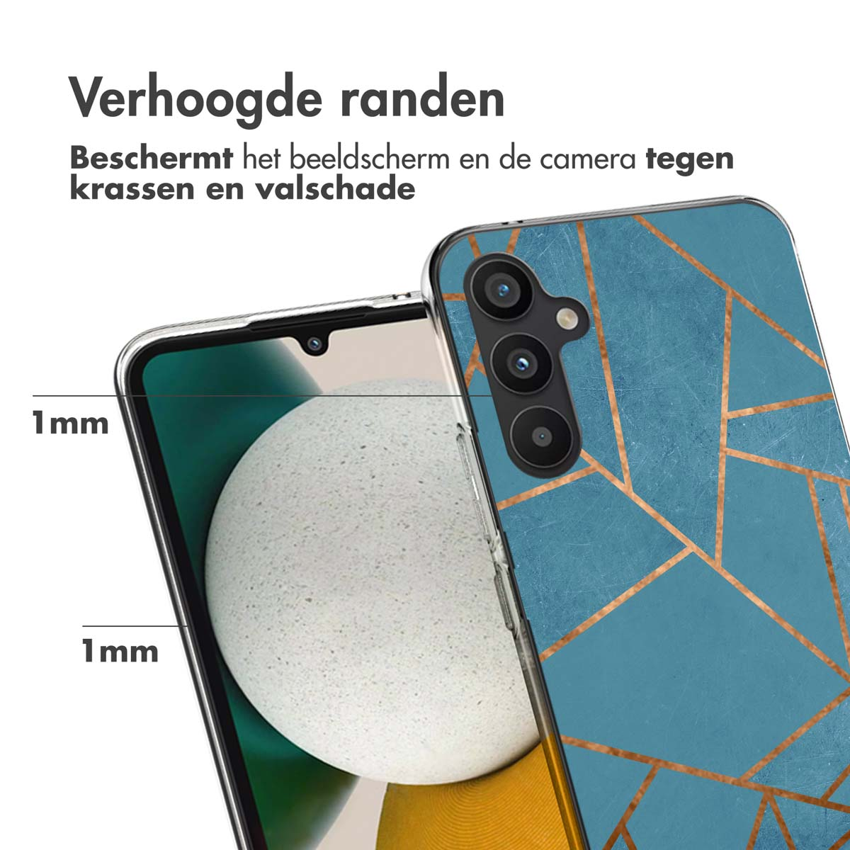 Telefoonhoesje met blauw en goud geometrisch patroon. Het scherm en de camera zijn beschermd.