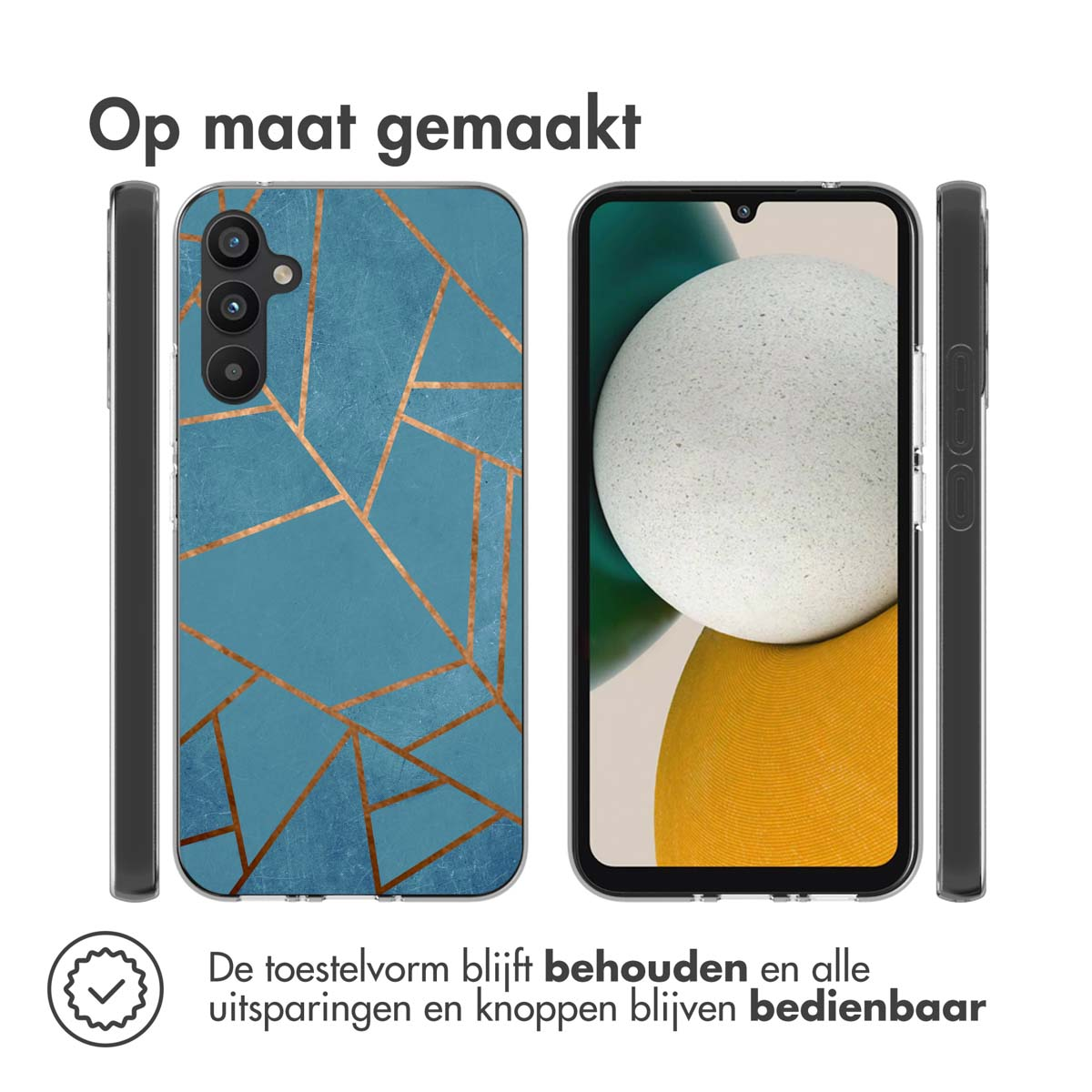 Twee telefoons met hoesjes. Eén heeft een blauw en goud patroon en de andere is transparant.