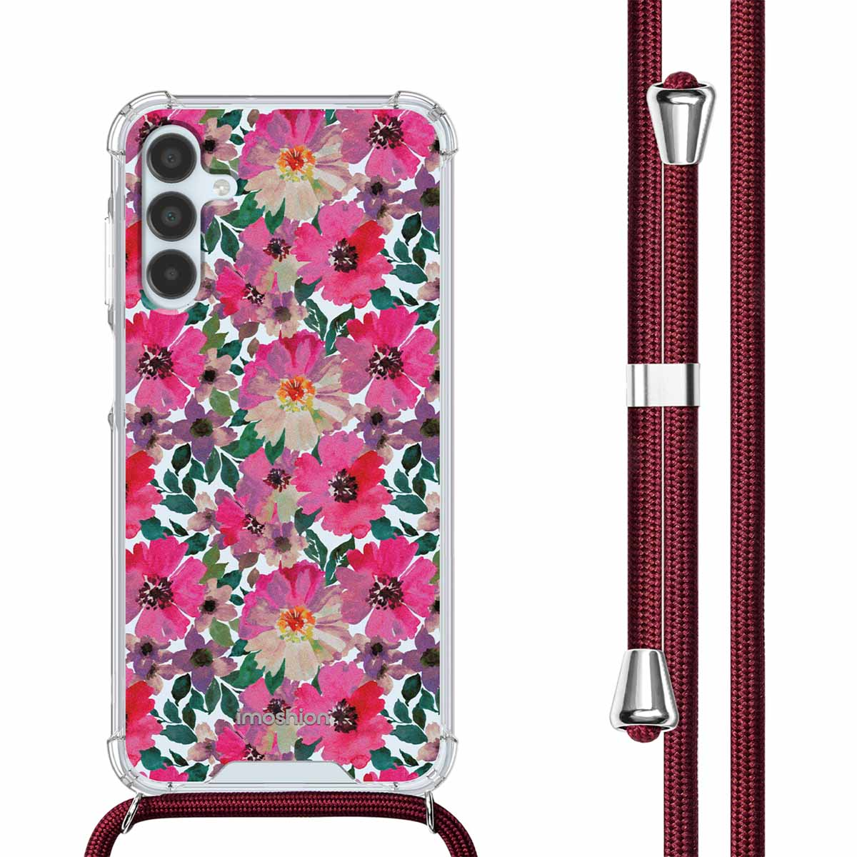 Telefoonhoesje met roze bloemenontwerp en een bijpassend koord, met een transparante telefoonhoes.