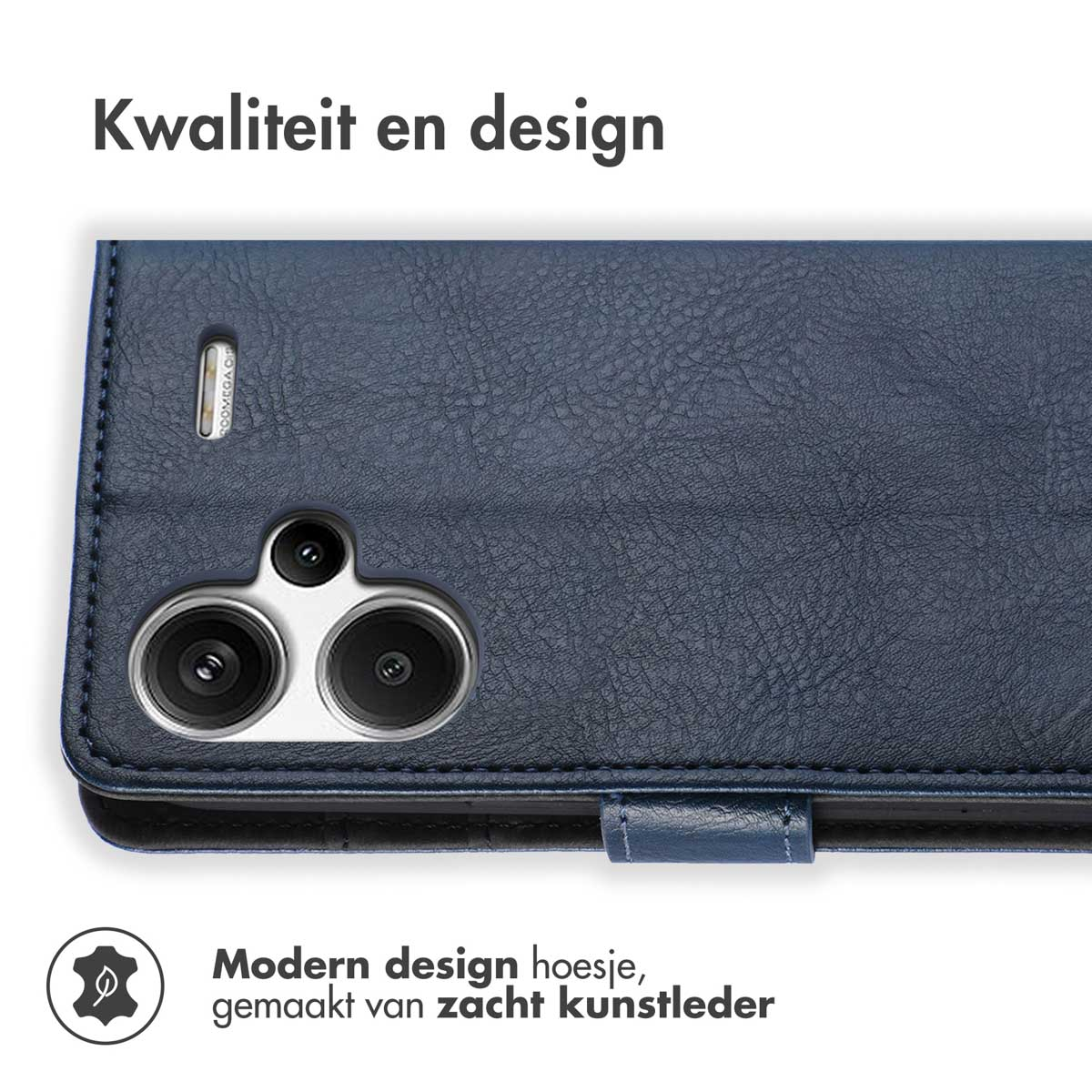 Una funda tipo billetera de cuero azul marino con una cámara.
