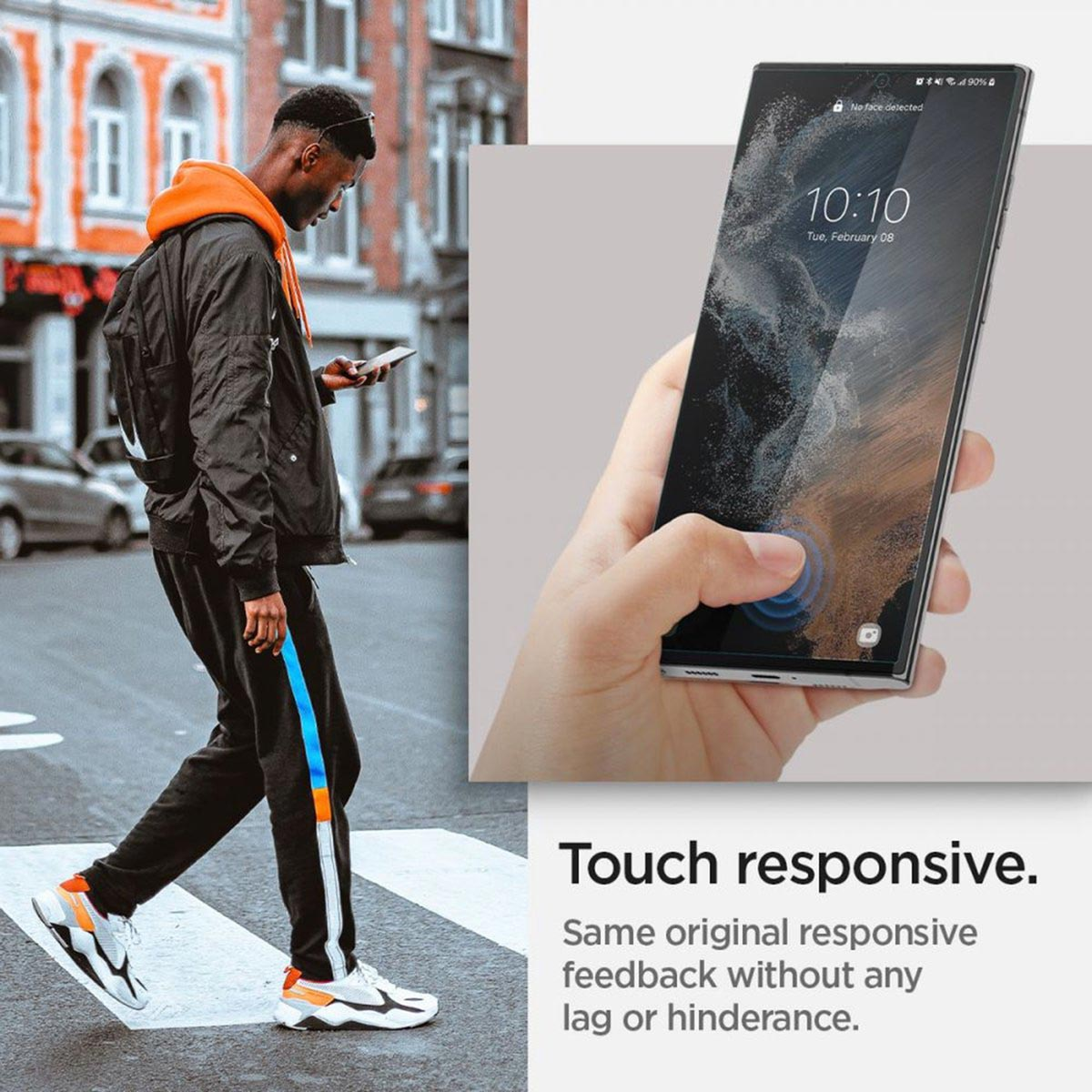 Man in jacket and track pants walks past a phone displaying the time and fingerprint unlock.