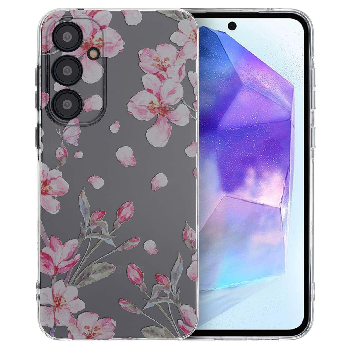 Telefoonhoesje met roze bloemenontwerp. Telefoon zichtbaar. De details van de hoes en telefoon zijn zichtbaar.