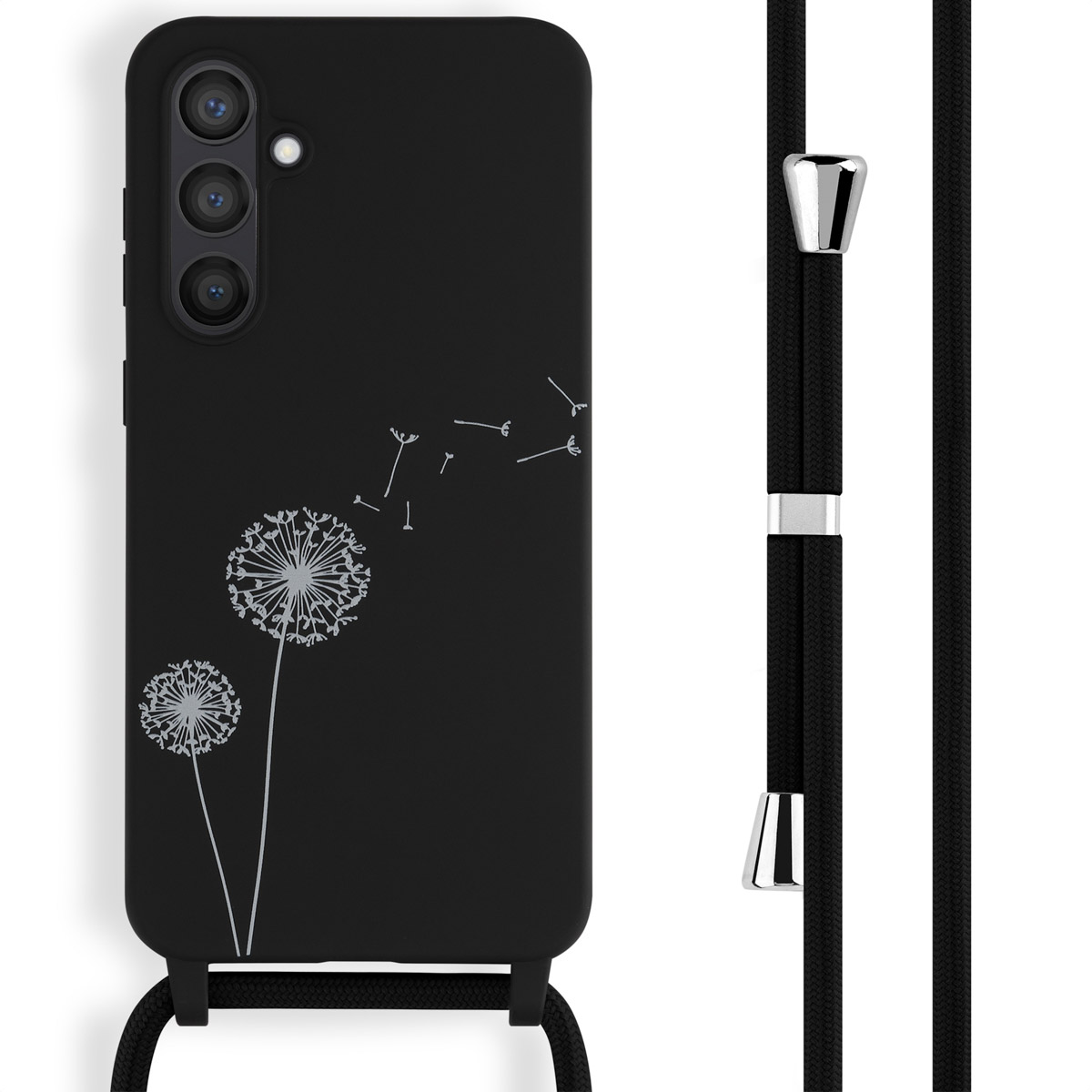Coque de téléphone noire avec motif de pissenlit et cordon de cou. Graines de pissenlit s'envolant.