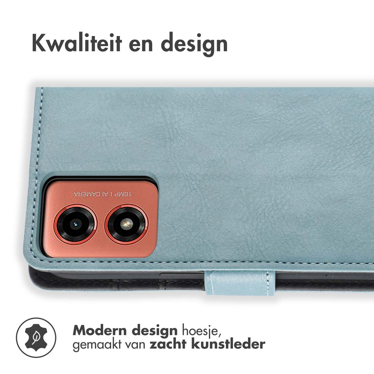 Custodia per telefono blu con un telefono all'interno. Il telefono ha una fotocamera.