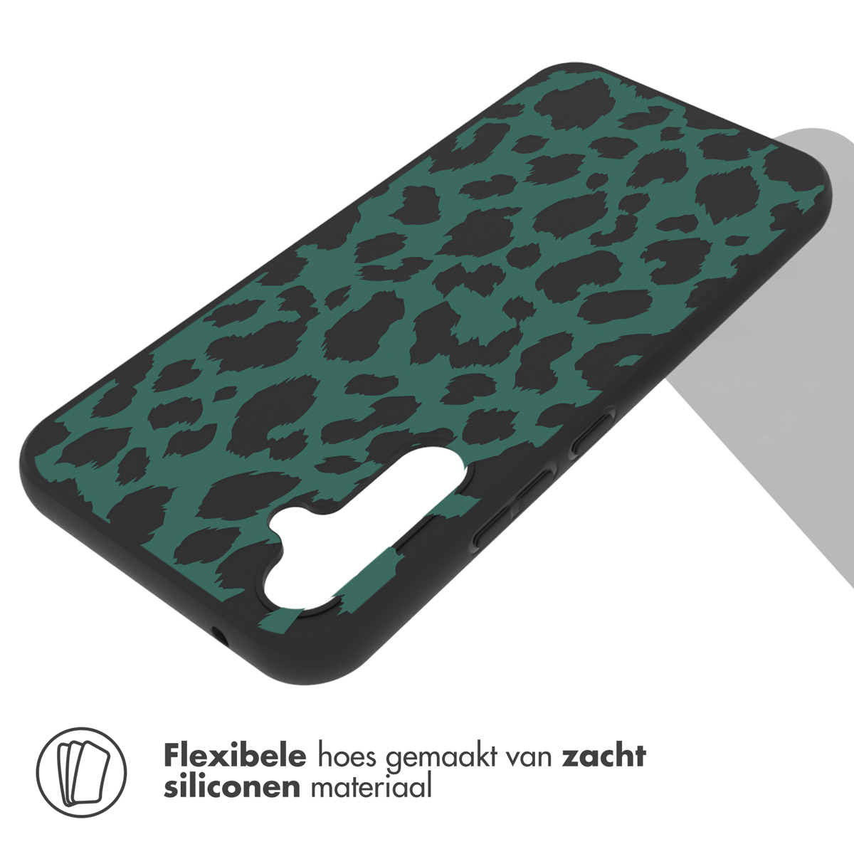Groen en zwart luipaardprint telefoonhoesje. De tekst 'Flexibele hoes gemaakt van zacht siliconen materiaal' is zichtbaar.