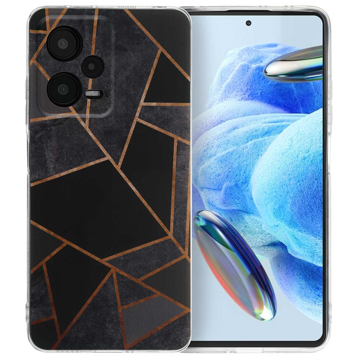 Een telefoonhoesje op een telefoon. De hoes is zwart met een geometrisch patroon. Het telefoonscherm is blauw en wit.