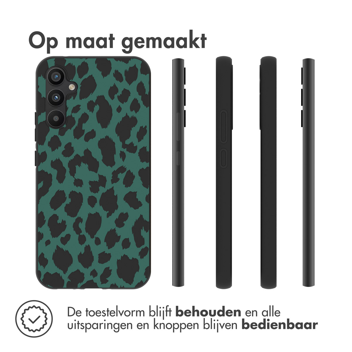 Telefoonhoesjes op een rij, allemaal passend bij de luipaardprint op de telefoon.
