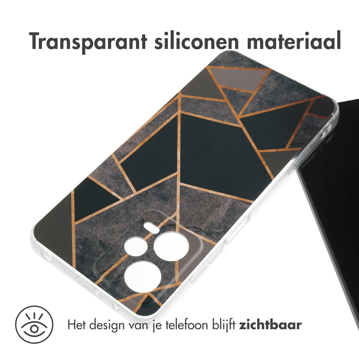 Telefoonhoesje met een geometrisch patroon. Telefoon wordt aan de rechterkant getoond.
