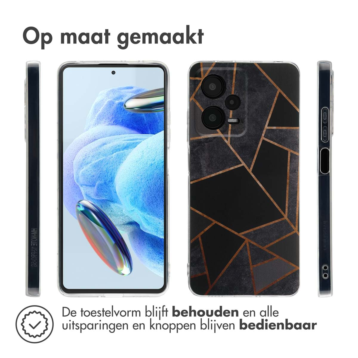 Twee telefoons met hoesjes. Eén heeft een zwart en goud patroon en de andere is transparant.