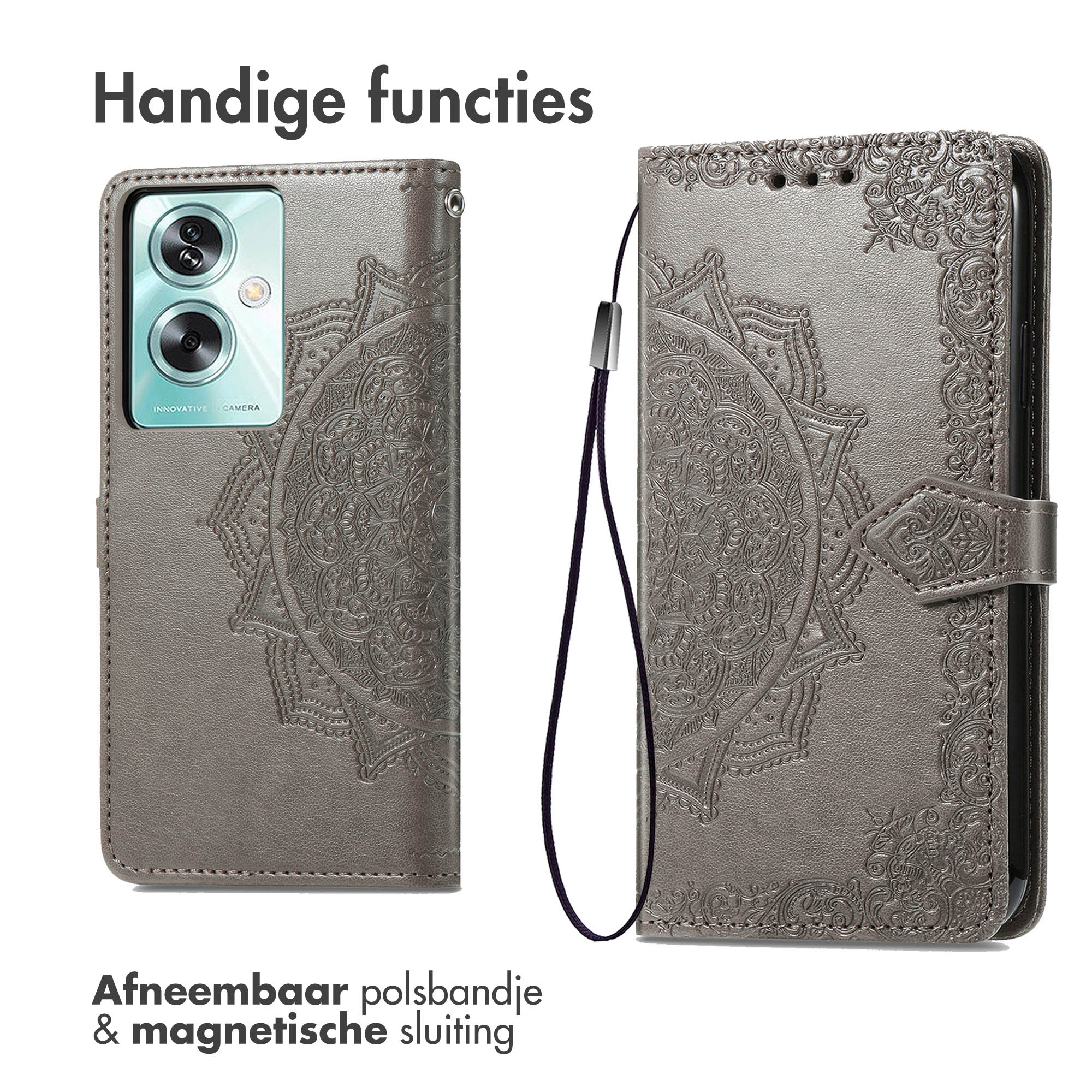 Graue Handyhülle mit Mandala-Design, mit und ohne Telefon. Text: 'Handige functies' (praktische Funktionen).