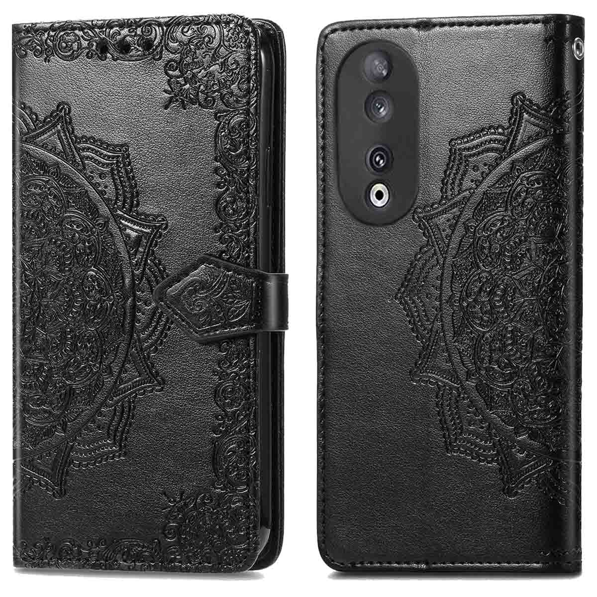 Custodia nera con design mandala in rilievo. Ha una patta e una chiusura magnetica. Fotocamera del telefono visibile.