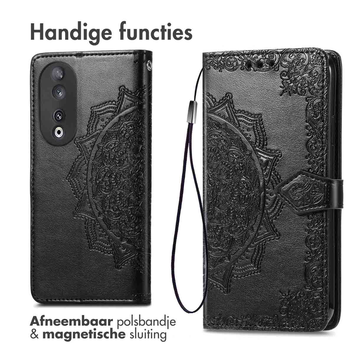Custodia per telefono nera con design mandala, cinturino da polso. Testo: Funzioni utili, cinturino da polso staccabile e chiusura magnetica.
