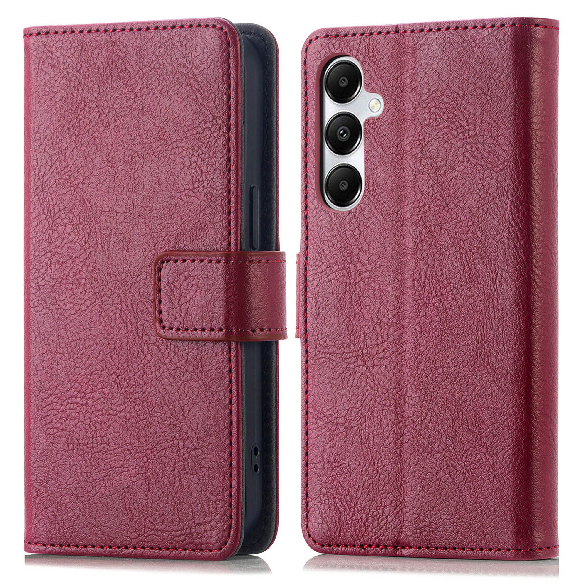 Telefoonhoesje met een rood leren ontwerp. Telefoon wordt aan de rechterkant getoond.