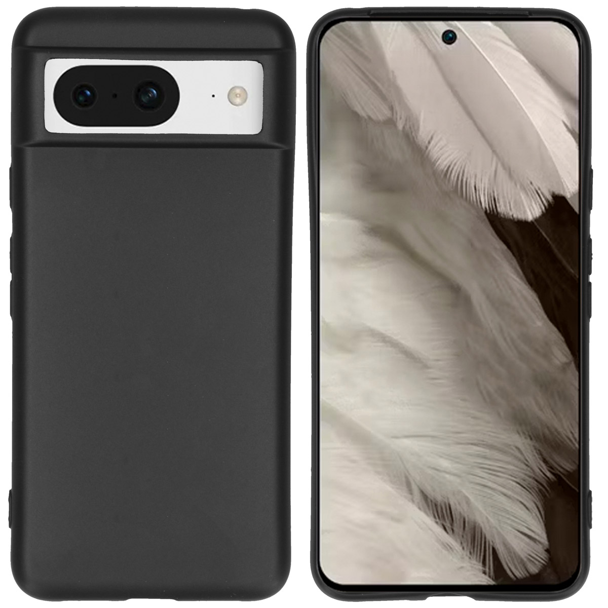 Una custodia nera per telefono con un ritaglio per la fotocamera sul retro e un telefono con sfondo di piume.