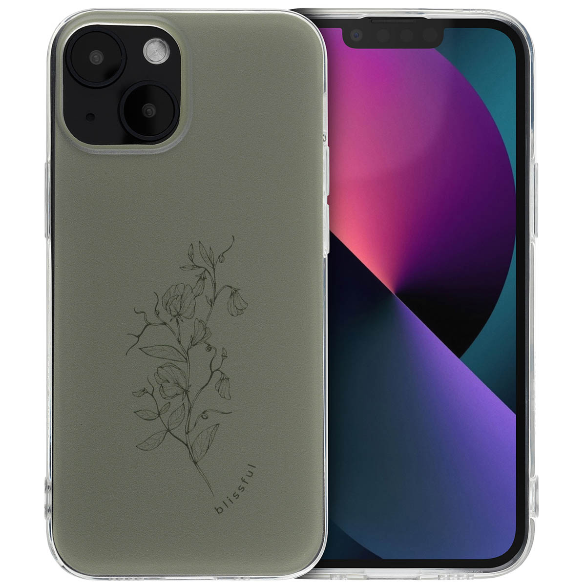 Une coque de téléphone avec un motif floral sur un téléphone vert avec du texte en néerlandais.