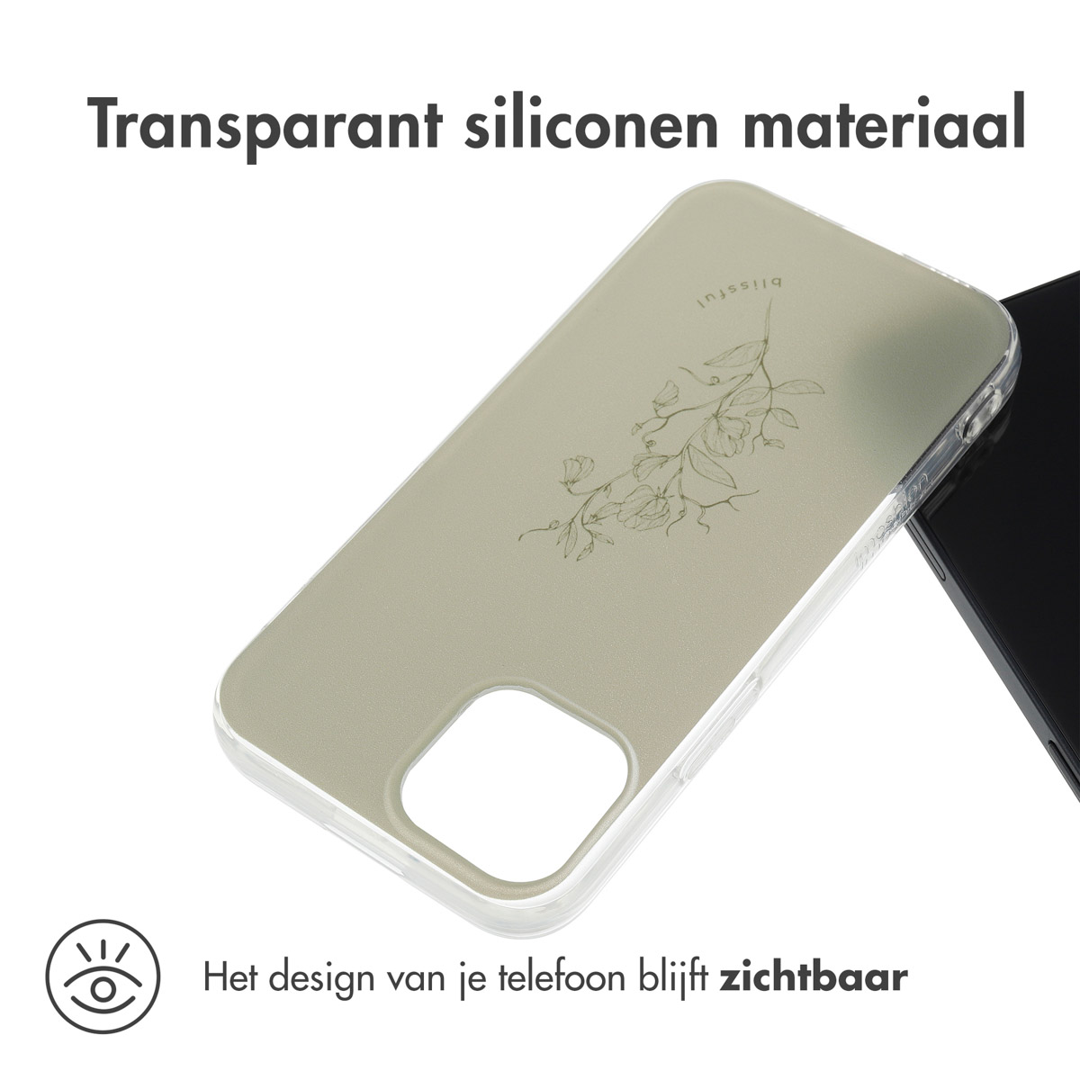 Coque de téléphone transparente avec des fleurs. Le téléphone est partiellement visible.