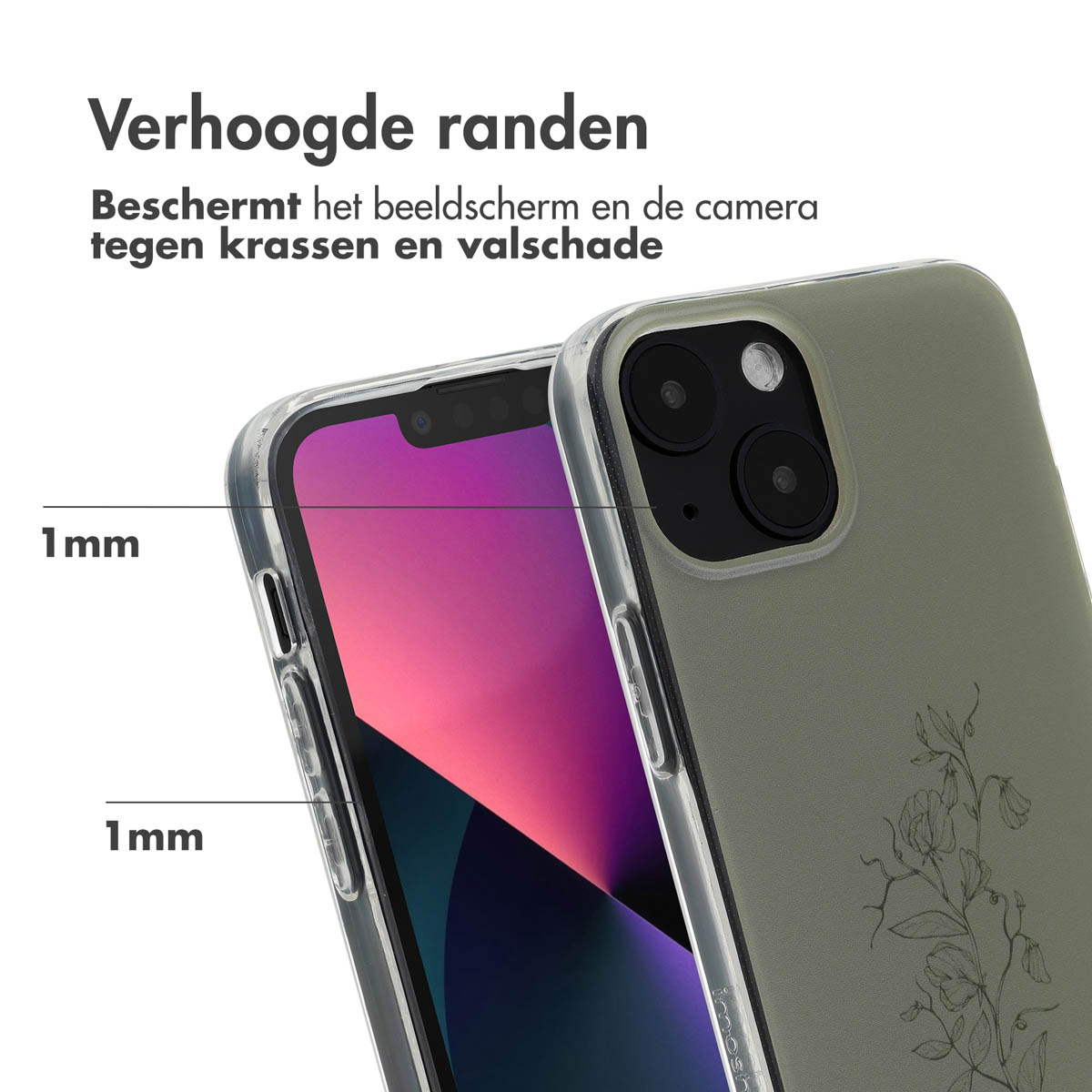 Téléphone avec coque, protection d'écran et de caméra. Texte: 'Verhoogde randen' (bords surélevés).