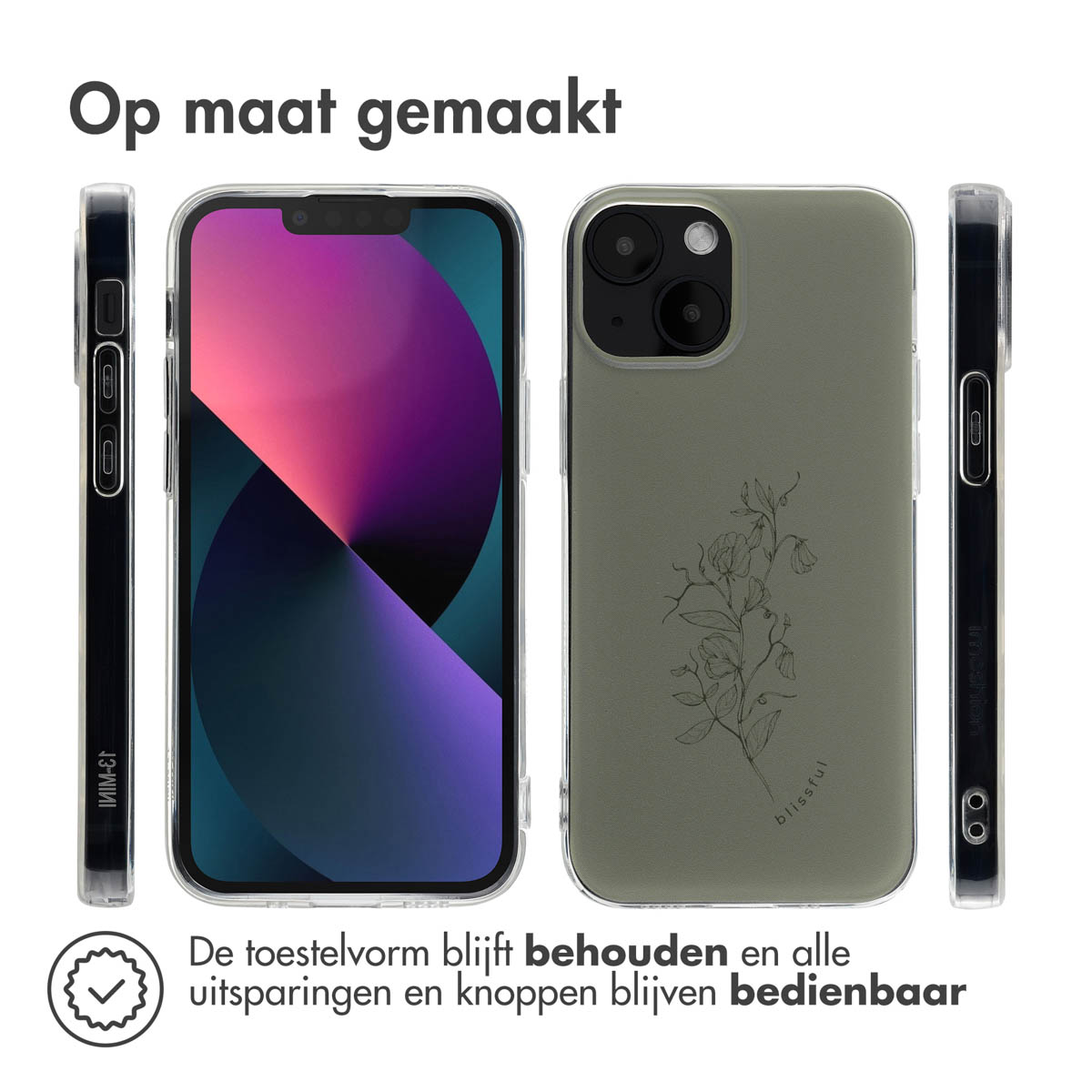 Téléphone et coque. L'étui a des fleurs. Le téléphone est à l'intérieur. Plusieurs vues sont montrées.