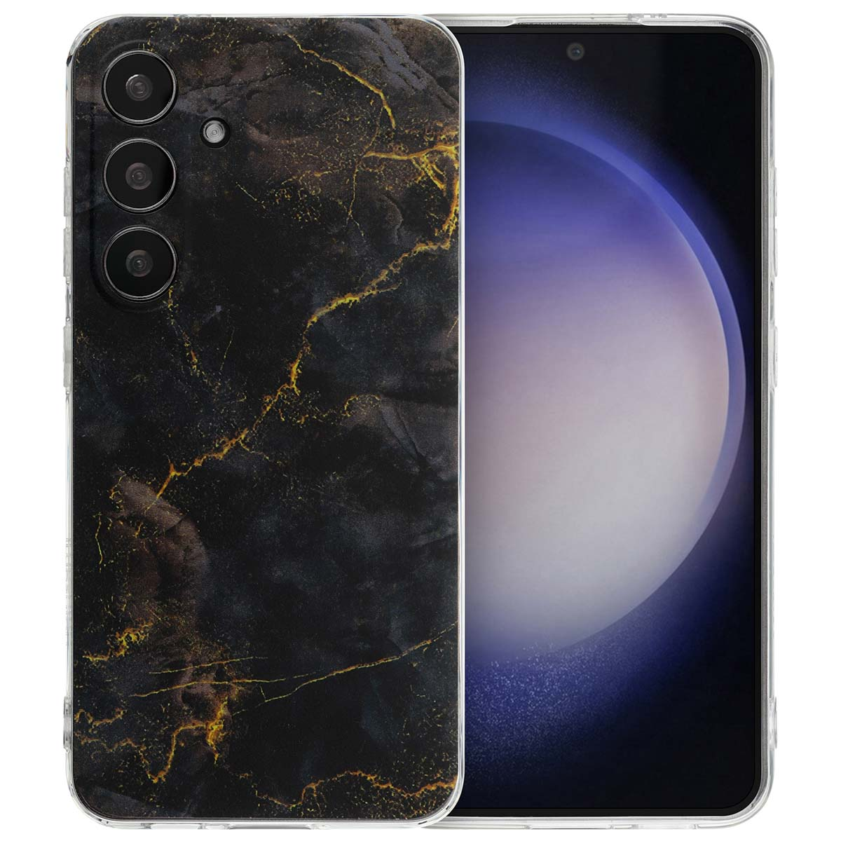 Een telefoon met een zwarte marmeren telefoonhoes. De hoes heeft gouden aderen. Het telefoonscherm is ook zichtbaar.