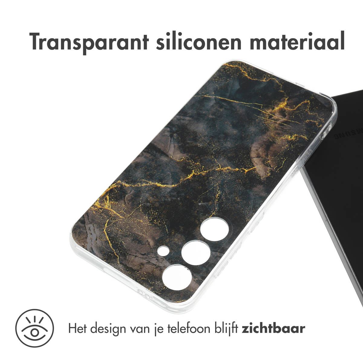 Transparante telefoonhoes met zwart en goud marmer design. De achterkant van de telefoon is zichtbaar.