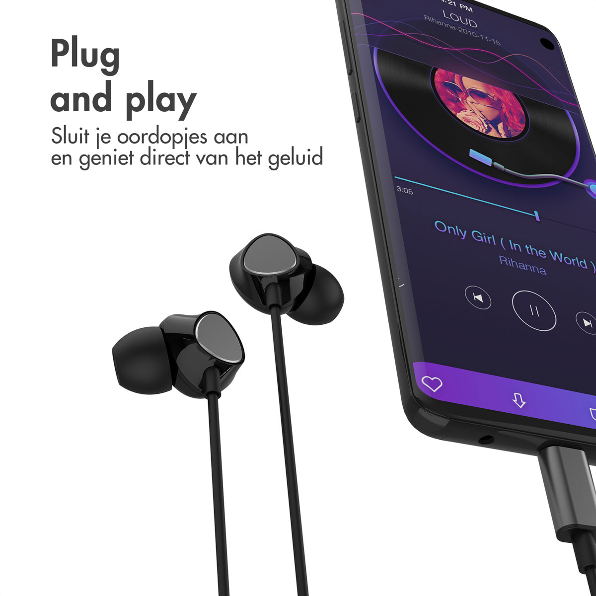 Black earbuds with black cable. A phone displays music. Text: Plug and play.