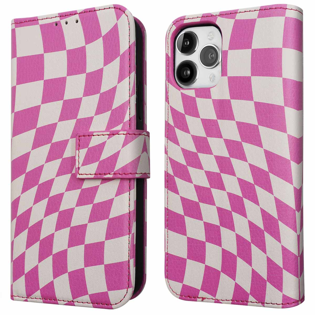 Roze en witte geruite telefoonhoes, open, met telefoon. Heeft een magnetische sluiting.