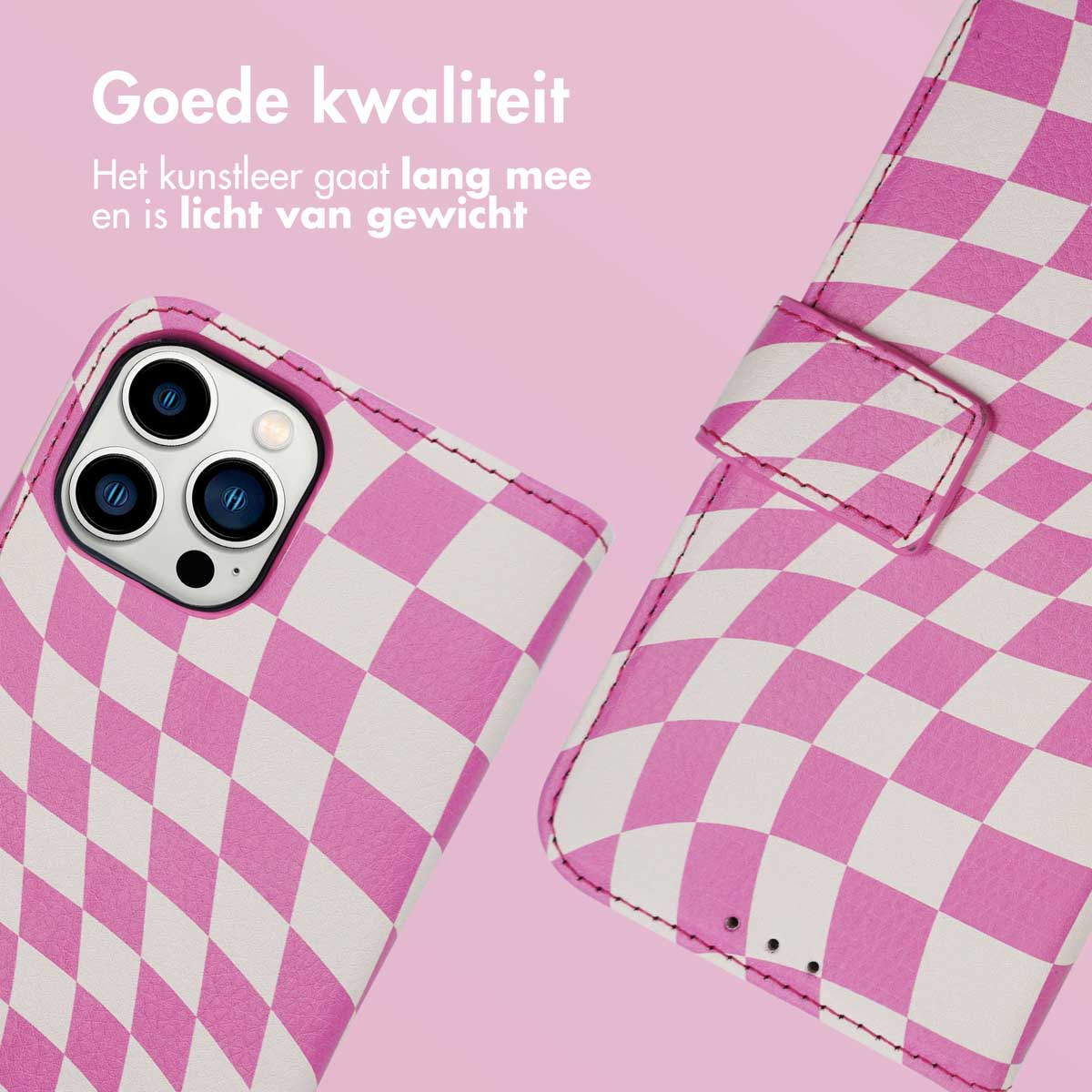 Roze en witte geruite telefoonhoes, open, met roze achtergrond.