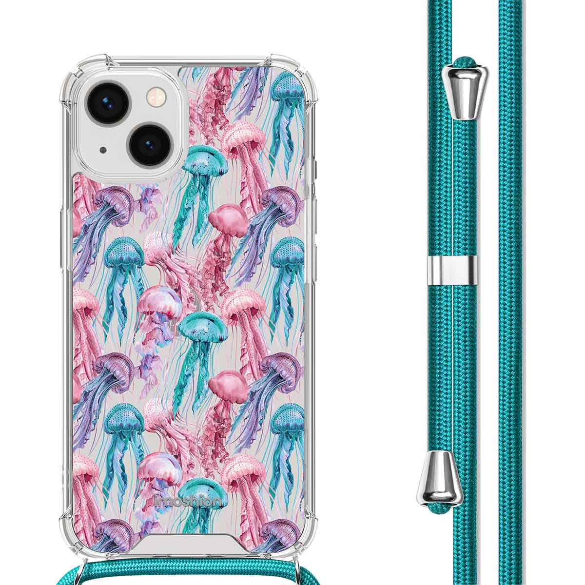 Telefoonhoesje met kwallenprint. Blauwe en roze kwallen op grijze achtergrond. Turquoise koord.