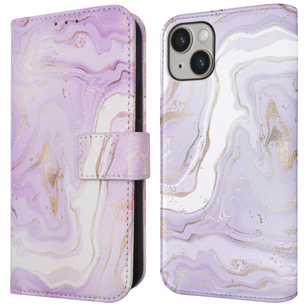 Telefoonhoesje met een marmerdesign in paars en goud. Heeft een flap en magneetsluiting. Telefooncamera is zichtbaar.