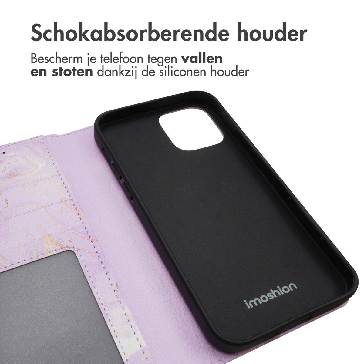 Zwarte telefoonhoes met open portemonneestijl hoes. Tekst: Schokabsorberende houder.