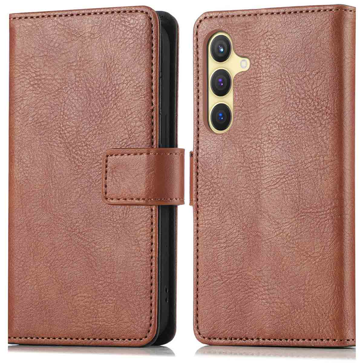 Bruin lederen telefoonhoesje met magnetische sluiting, voor- en achteraanzicht.