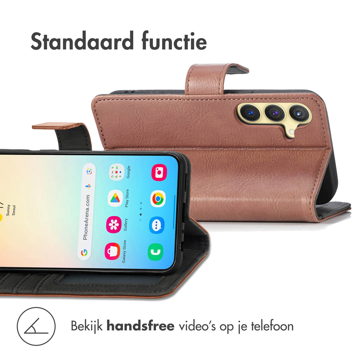 Telefoon in een leren hoesje. Telefoonscherm toont een app. Hoesje kan worden uitgeklapt voor video.