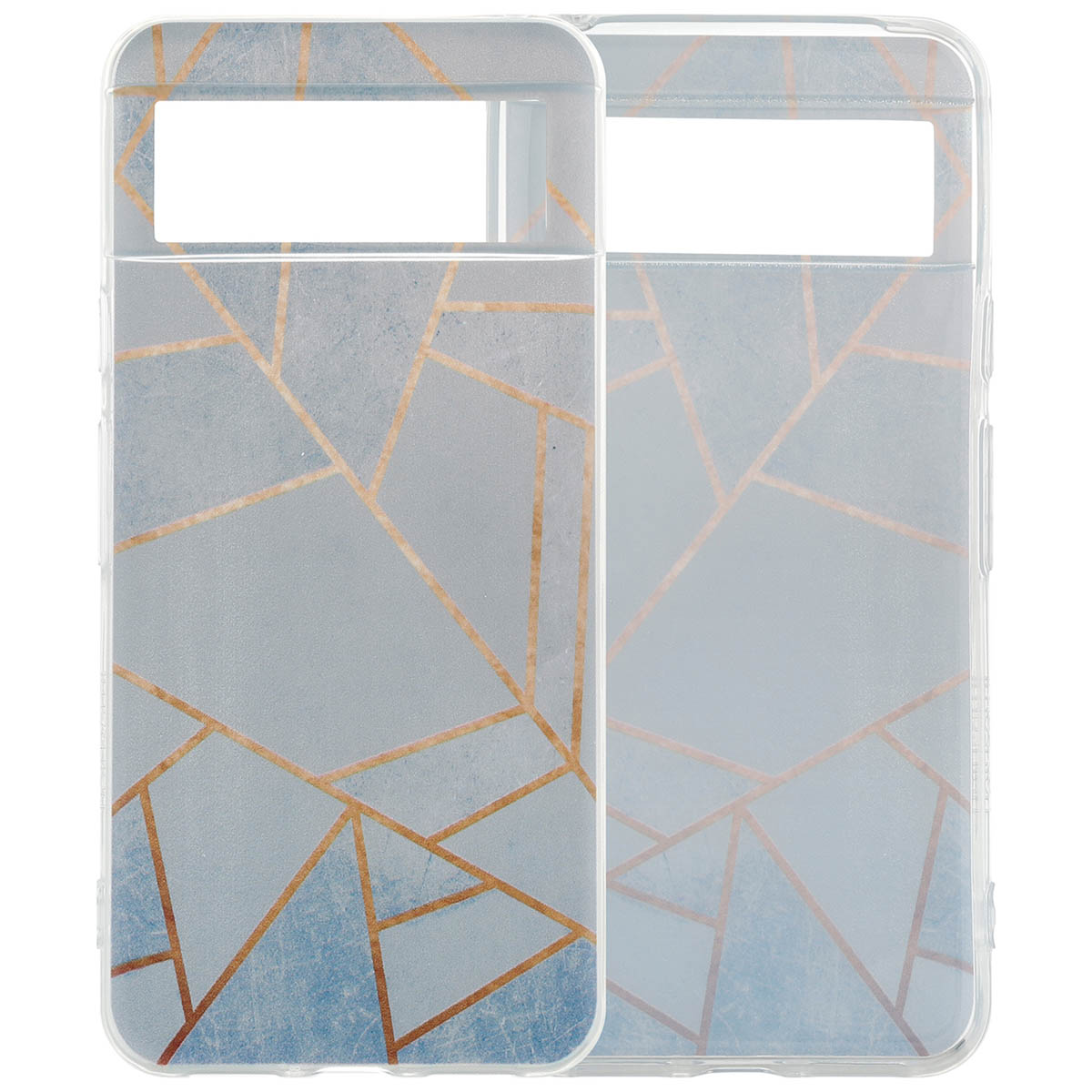 Zwei transparente Handyhüllen mit geometrischem Design. Text: Erhöhte Kanten.