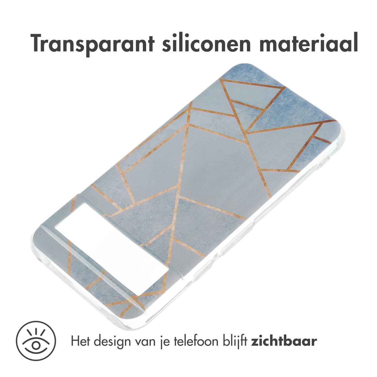 Transparente Handyhülle mit geometrischem Gold-Blau-Design. Telefon ist innen sichtbar.