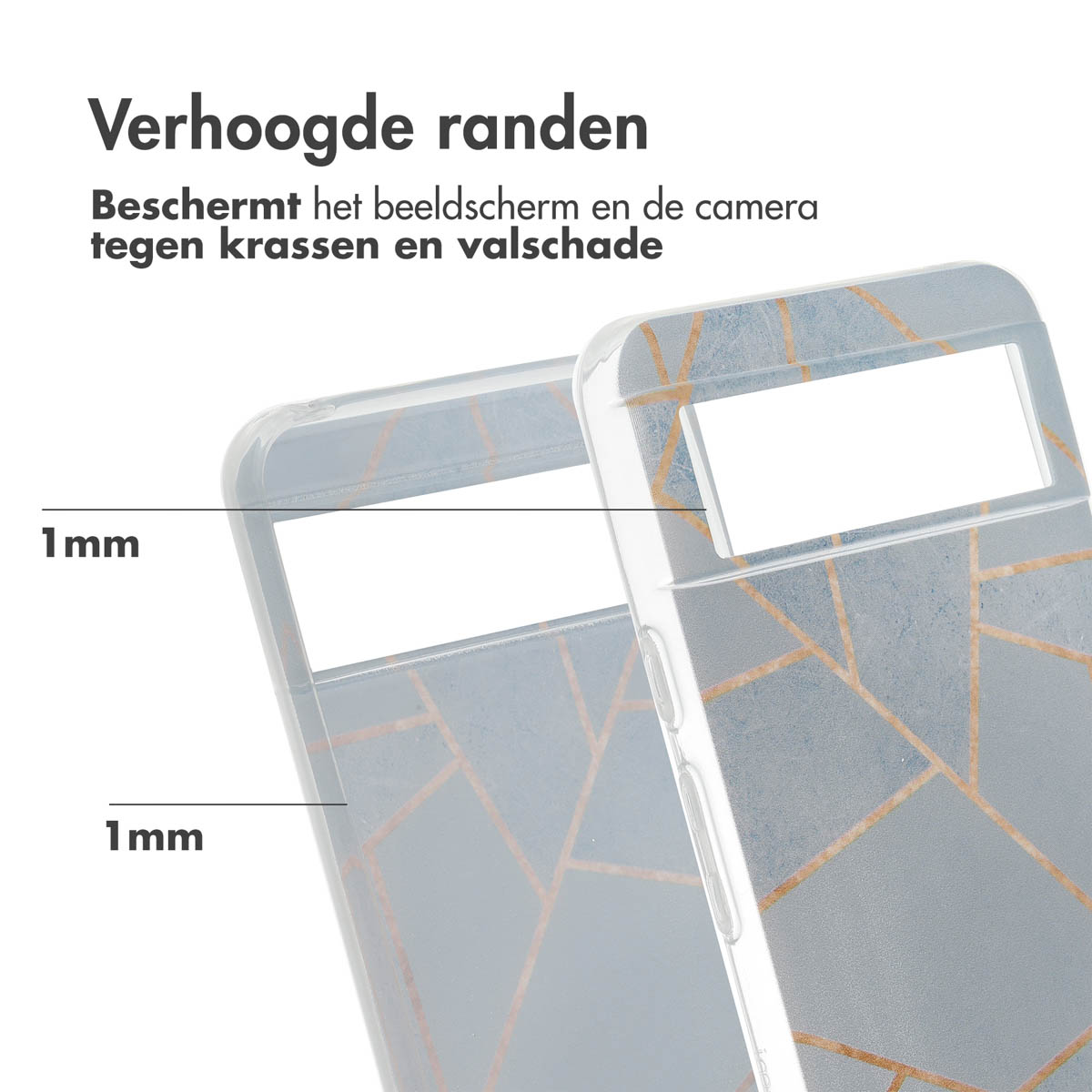 Handyhülle mit geometrischem Design, grau und goldfarben. Der Text 'Verhoogde randen' ist sichtbar.