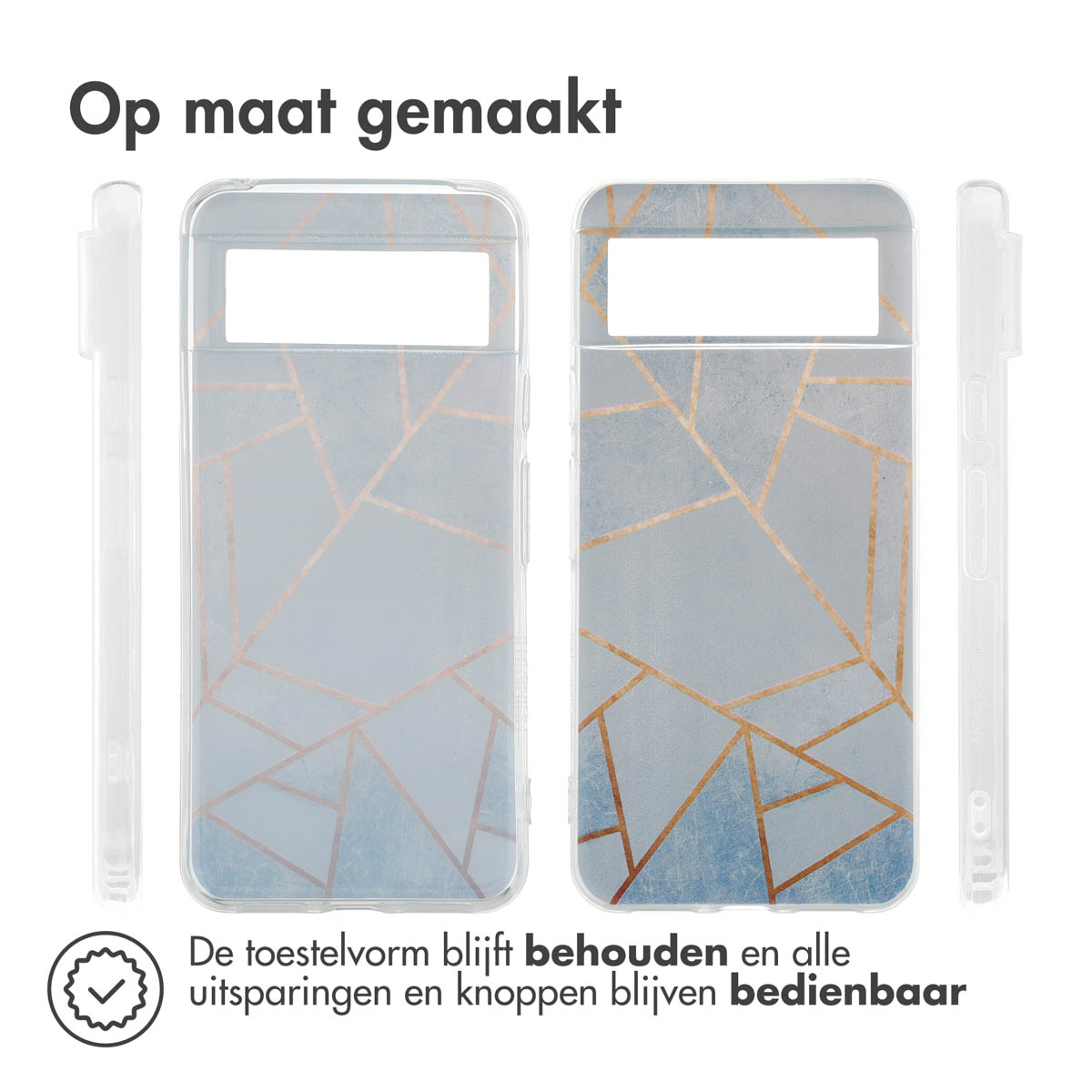 Transparente Handyhülle mit blauem und goldenem geometrischen Design. Die Form des Telefons bleibt erhalten.
