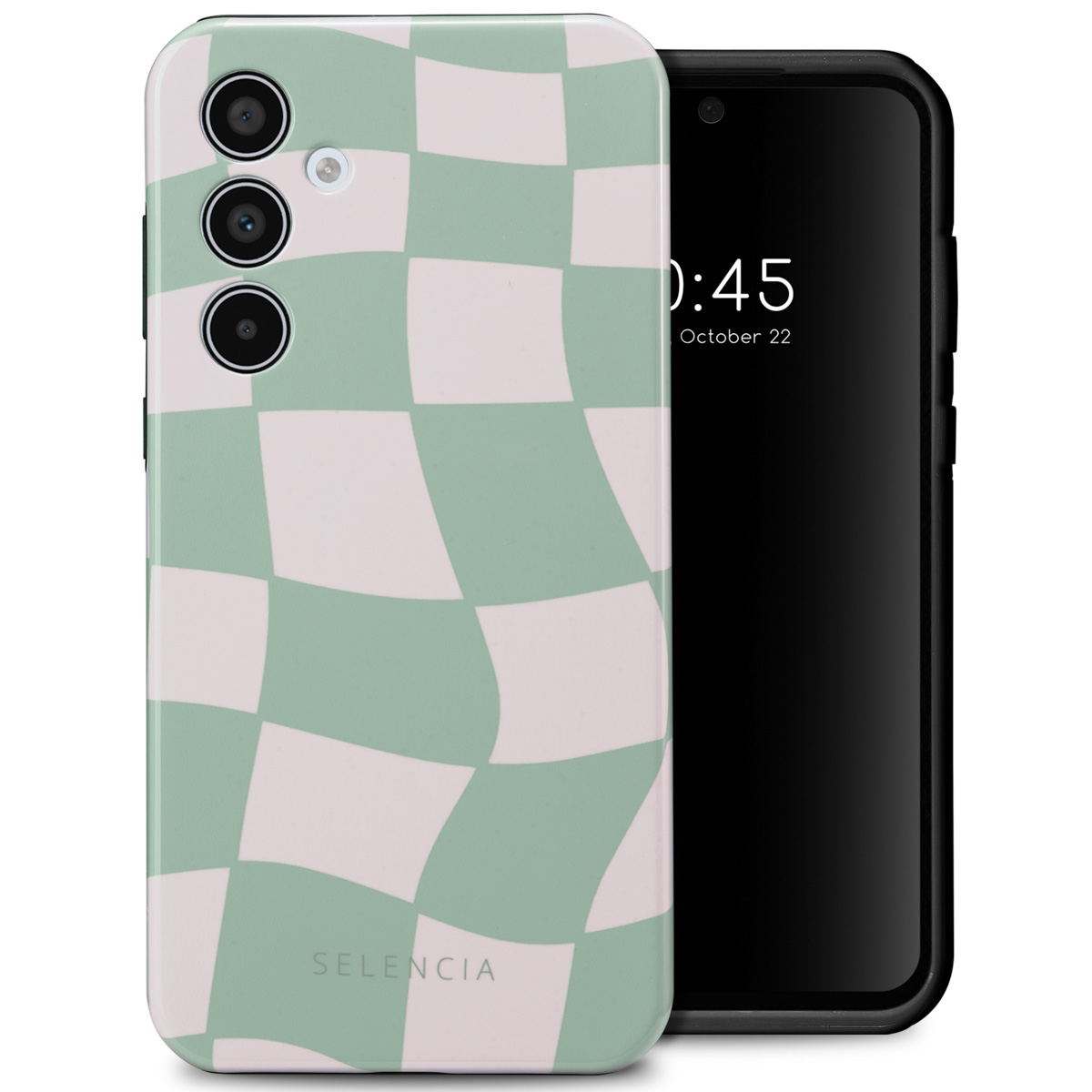 Coque de téléphone avec motif à carreaux vert et blanc. Téléphone noir sur le côté droit.