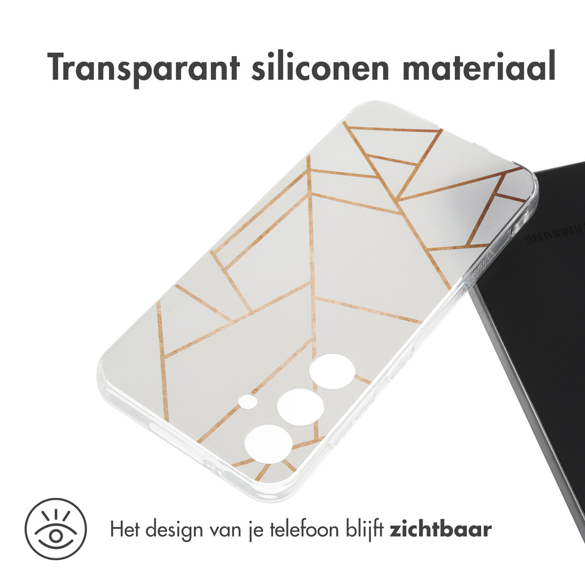 Twee telefoonhoesjes naast elkaar met geometrische ontwerpen op een witte achtergrond met gouden lijnen. Tekst: Transparante siliconen.