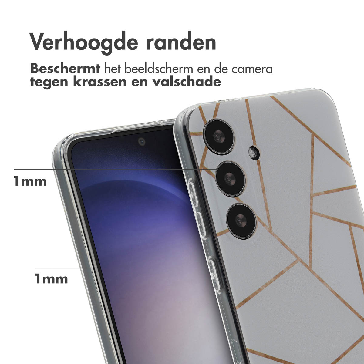 Telefoonhoesje met een geometrisch design, grijs en goudkleurig. De tekst 'Verhoogde randen' is zichtbaar.