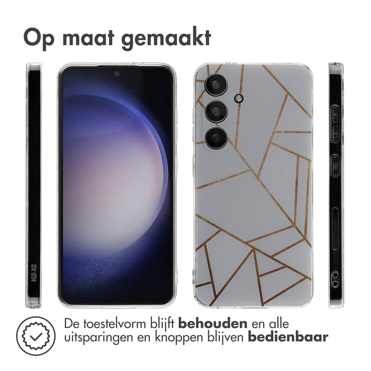 Transparante telefoonhoes met geometrische gouden lijnen. Behoudt vorm en knoppen.