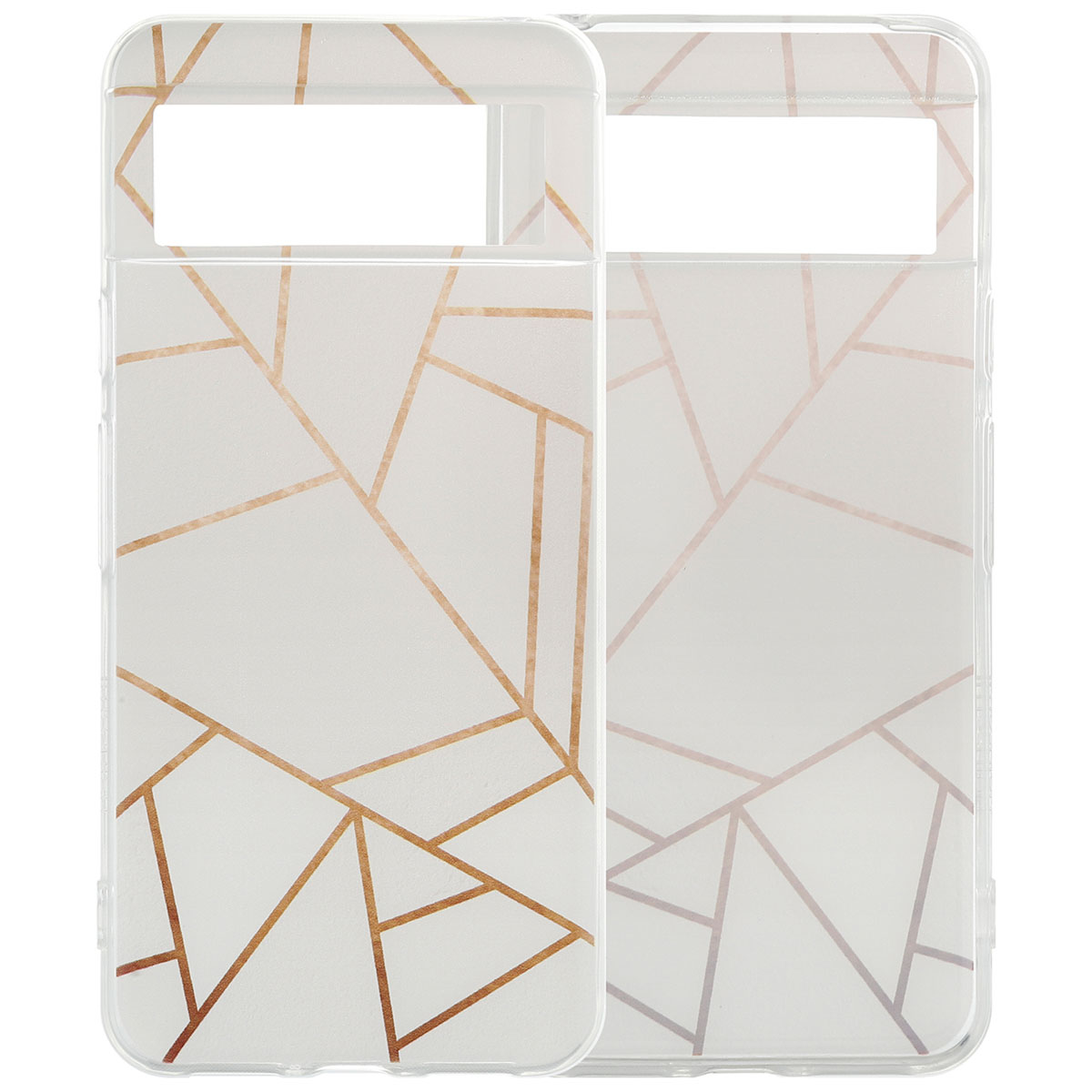 Deux coques de téléphone transparentes avec un motif géométrique doré sur fond blanc.