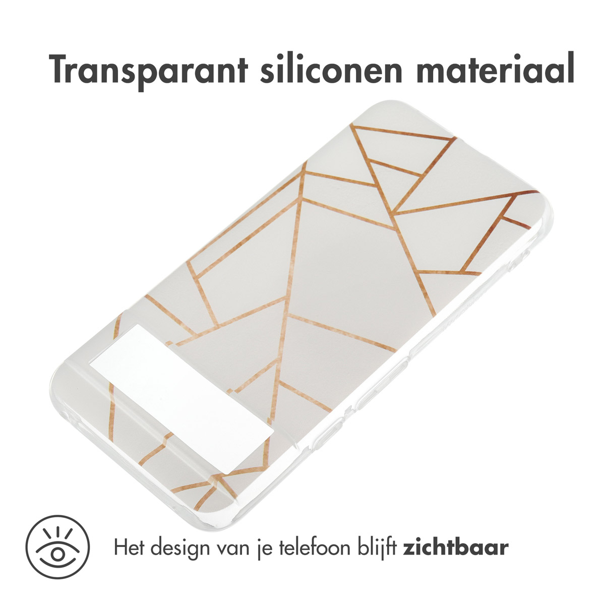 Coque de téléphone transparente avec un motif géométrique doré sur fond blanc.