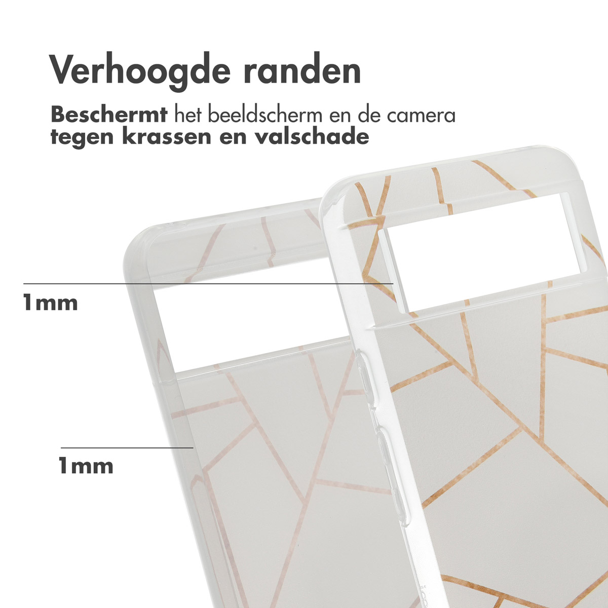 Deux coques de téléphone transparentes. Le texte montre un espace de 1 mm. Fond clair avec des lignes.