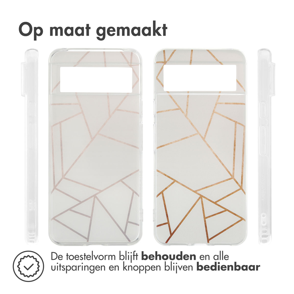 Coque de téléphone avec un design géométrique. La coque a un motif géométrique doré et blanc.