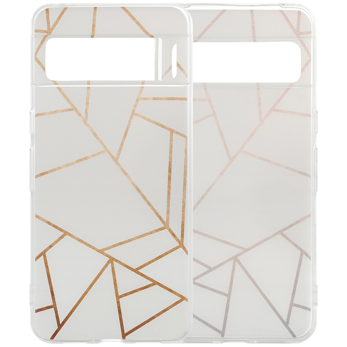 Een telefoonhoesje met een geometrisch ontwerp op een witte achtergrond met gouden lijnen. Tekst: Transparant siliconen materiaal.
