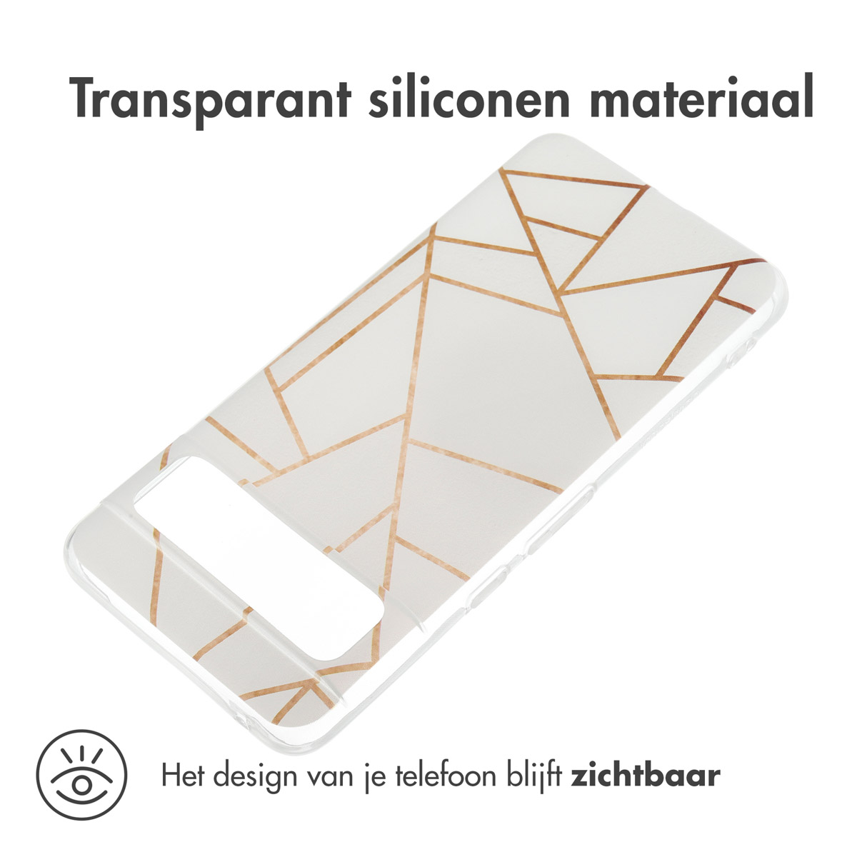 Transparante telefoonhoes met gouden geometrisch design op een witte achtergrond. De achterkant van de telefoon is zichtbaar.