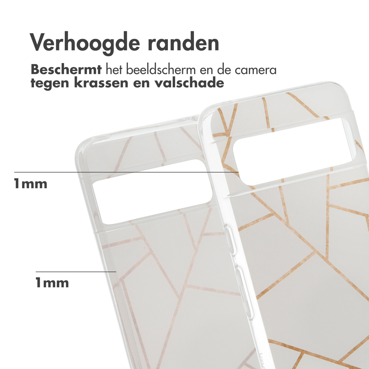 Transparante telefoonhoes met gouden lijnen. Verhoogde randen beschermen scherm/camera.