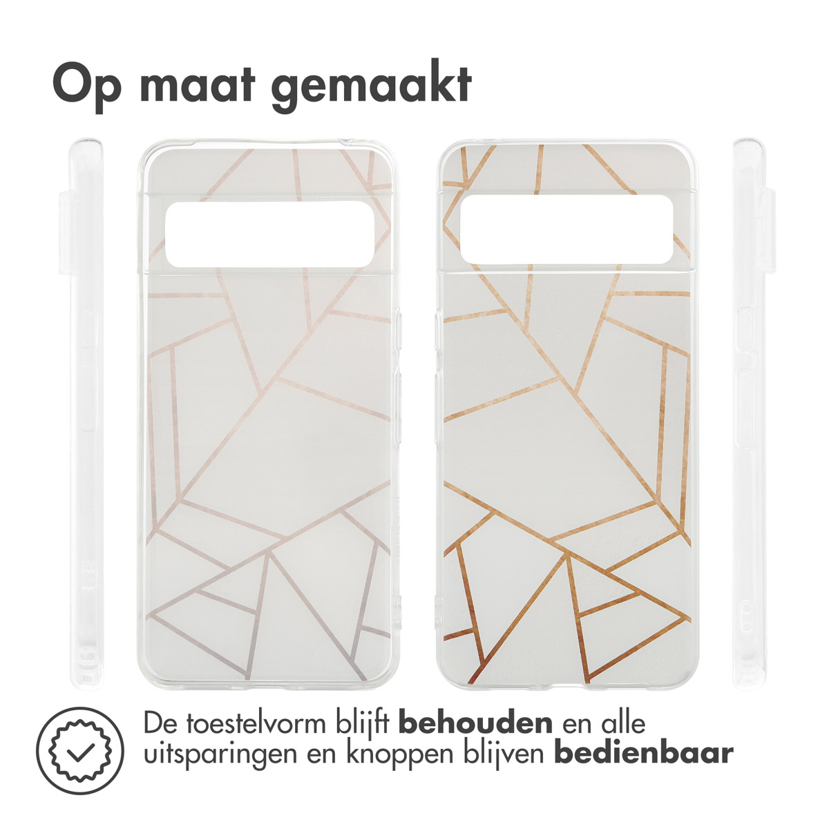 Drie doorzichtige telefoonhoesjes met een gouden geometrisch patroon, op een witte achtergrond.