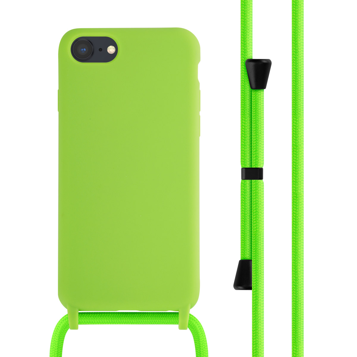 Groene telefoonhoes met een groen koord. De telefoonhoes is aan het koord bevestigd.