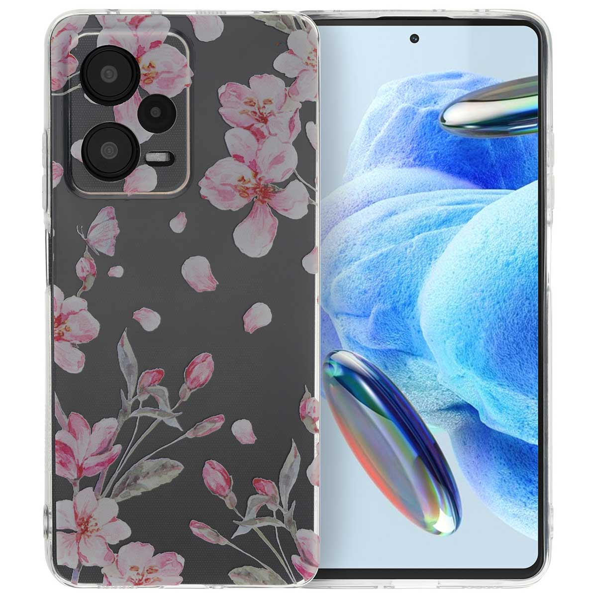 Telefoonhoesje met roze bloemenontwerp, open en toont telefoon. Donkere achtergrond.